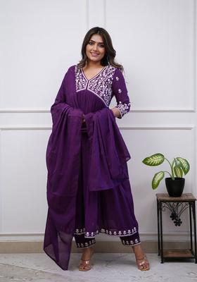 Purple Embroidered Viscose Anarkali Set