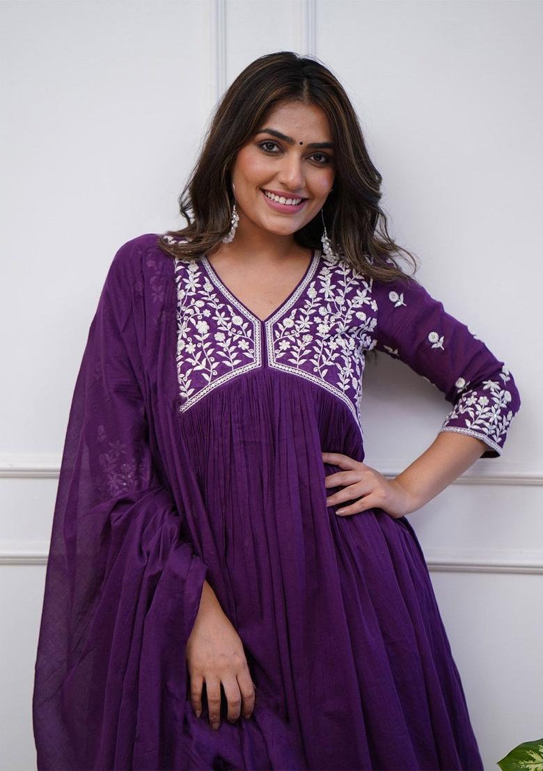 Purple Embroidered Viscose Anarkali Set - Indya