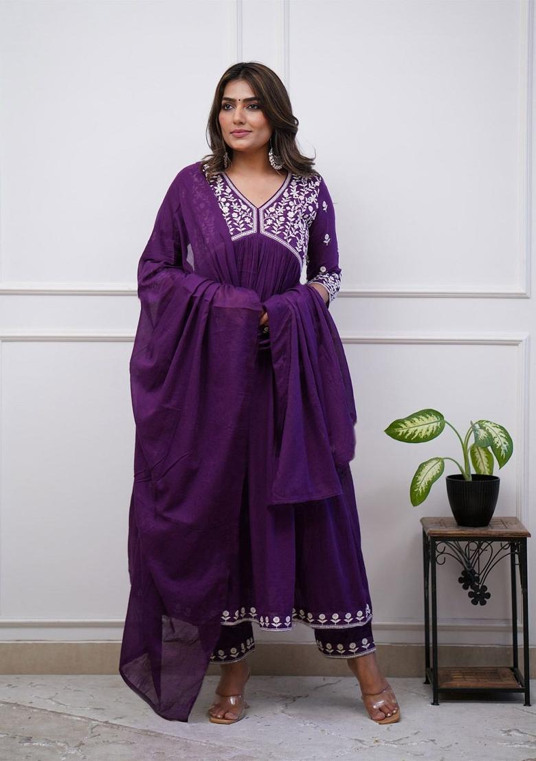 Purple Embroidered Viscose Anarkali Set - Indya