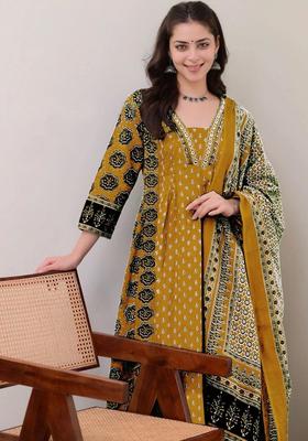 Mustard Printed Viscose Anarkali Set