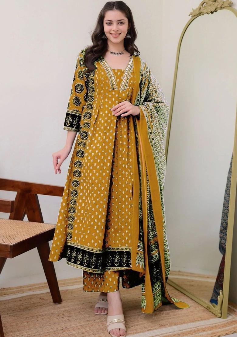 Mustard Printed Viscose Anarkali Set - Indya