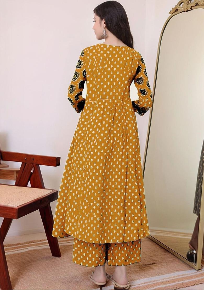 Mustard Printed Viscose Anarkali Set - Indya