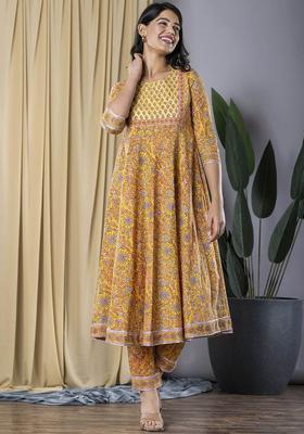 Mustard Printed Cotton Anarkali Set