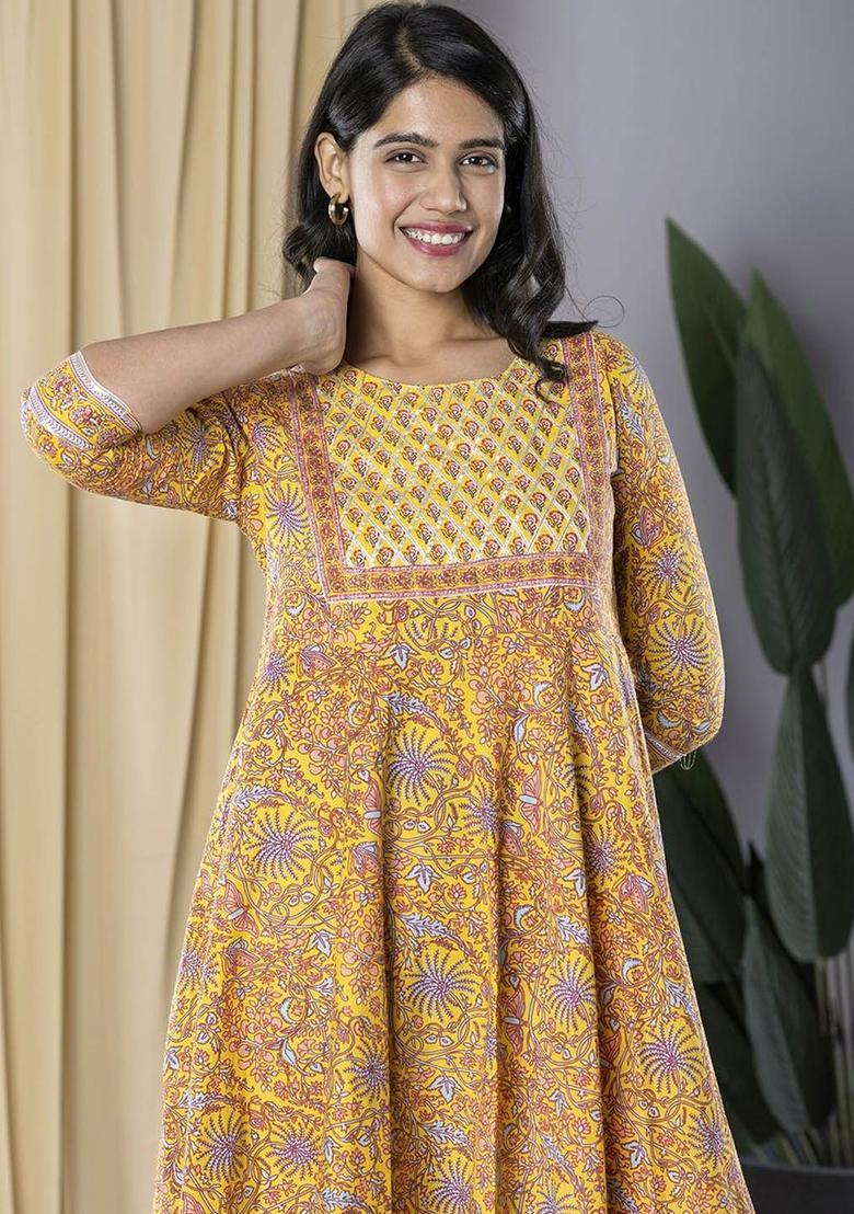 Mustard Printed Cotton Anarkali Set - Indya