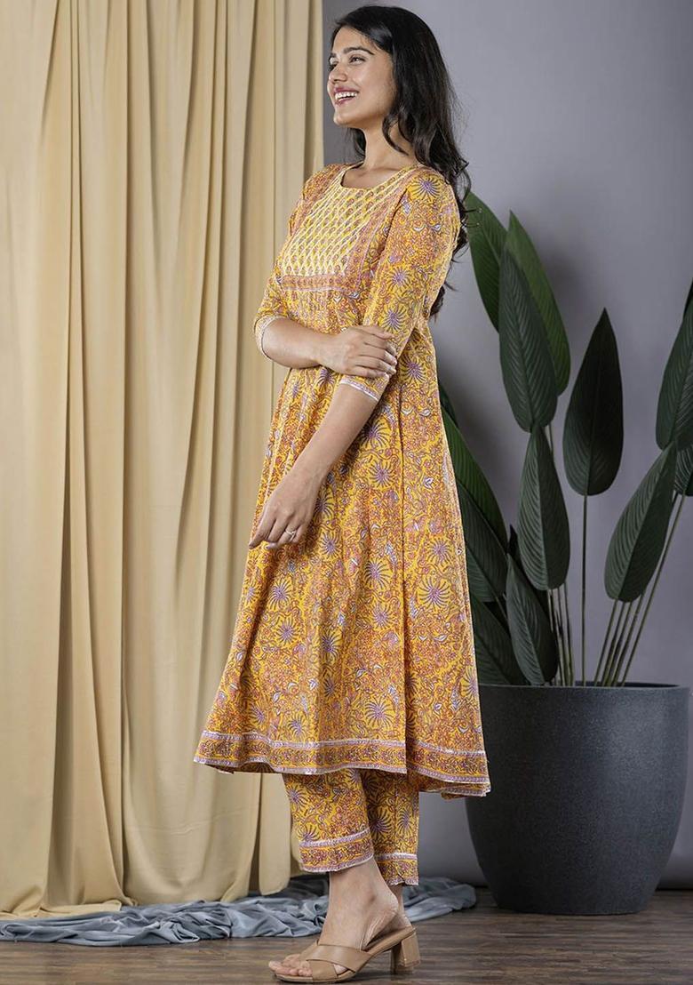 Mustard Printed Cotton Anarkali Set - Indya