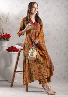 Yellow Printed Viscose Anarkali Set