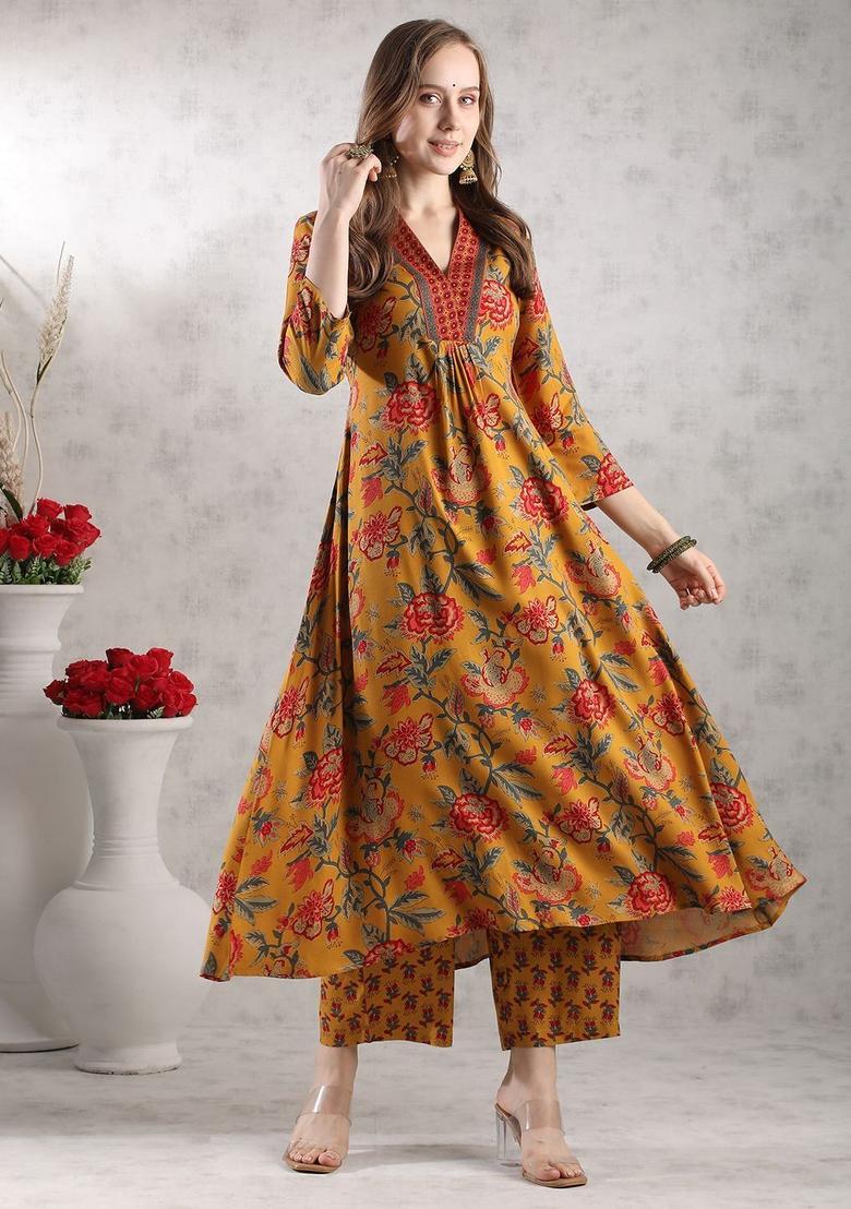 Yellow Printed Viscose Anarkali Set - Indya