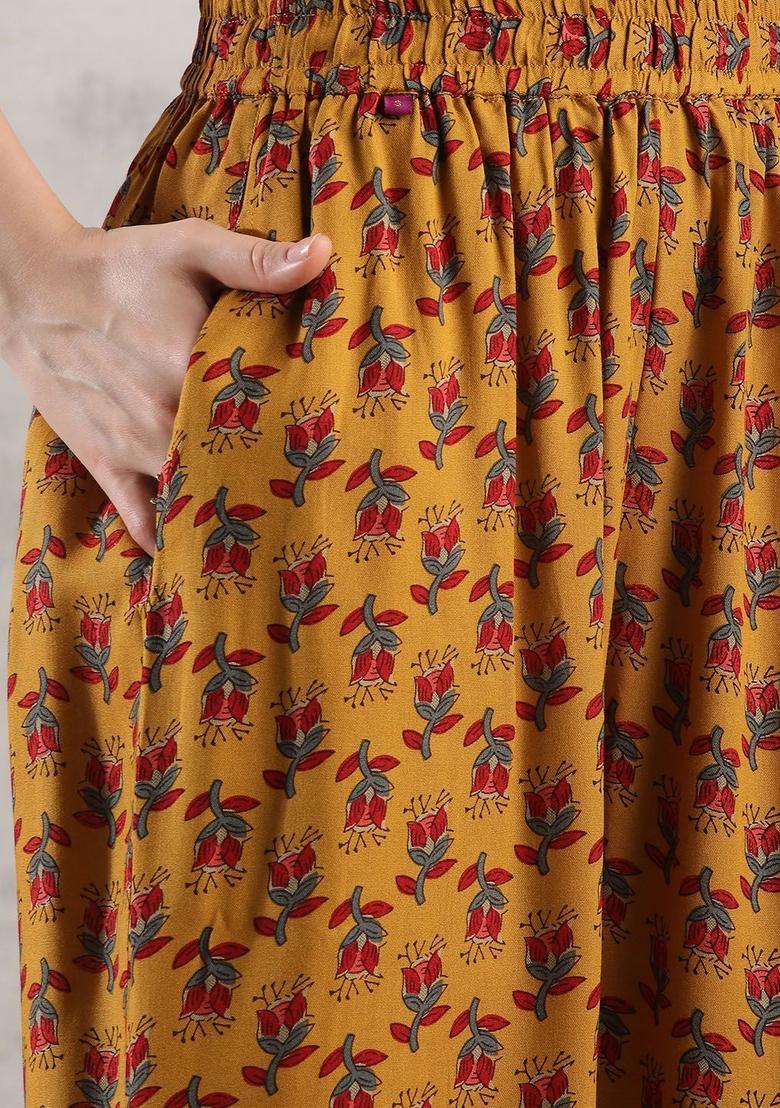 Yellow Printed Viscose Anarkali Set - Indya