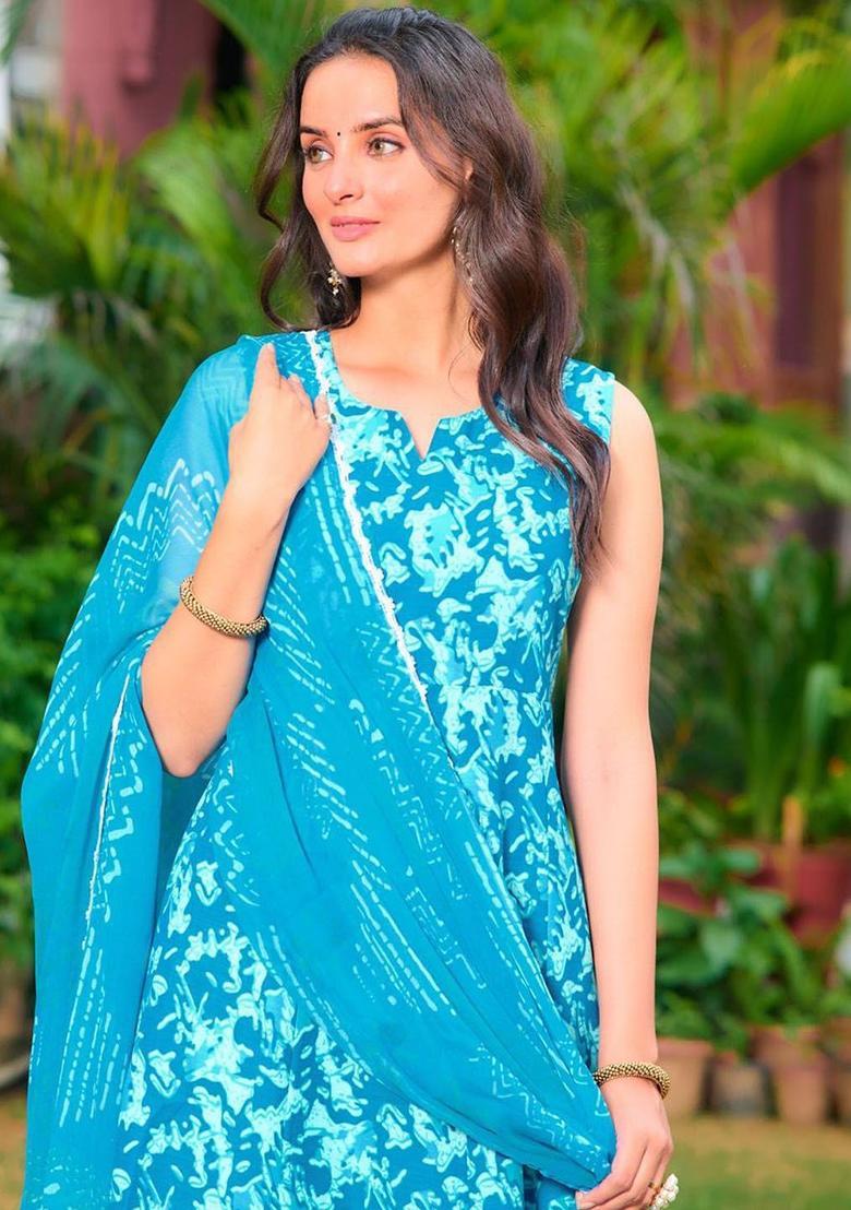 Blue Printed Viscose Anarkali Set - Indya