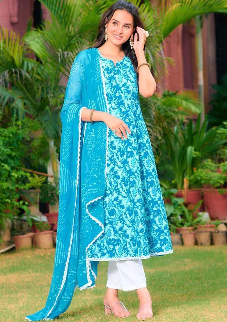 Blue Printed Viscose Anarkali Set - Indya