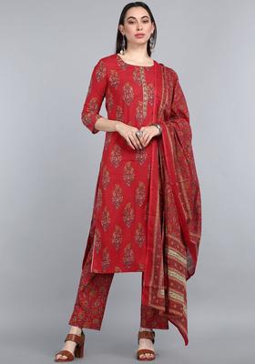 Red Printed Polyester Kurta Set