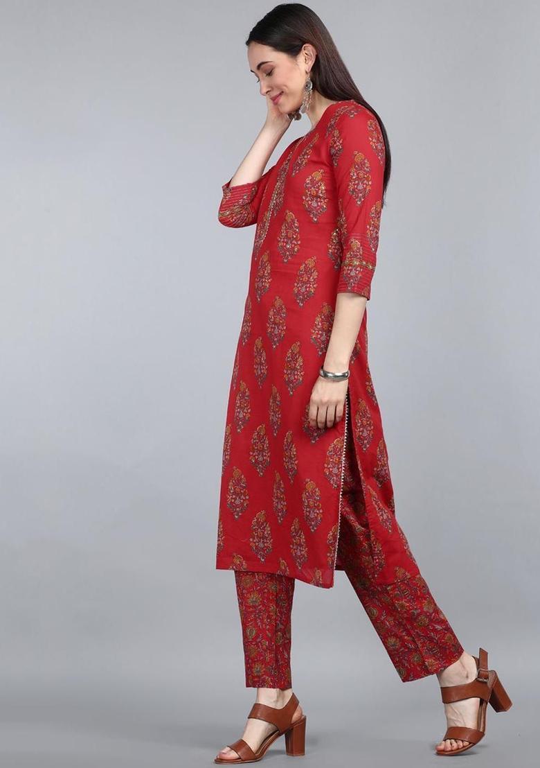 Red Printed Polyester Kurta Set - Indya