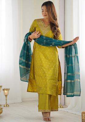 Yellow Woven Design Silk Blend Kurta Set