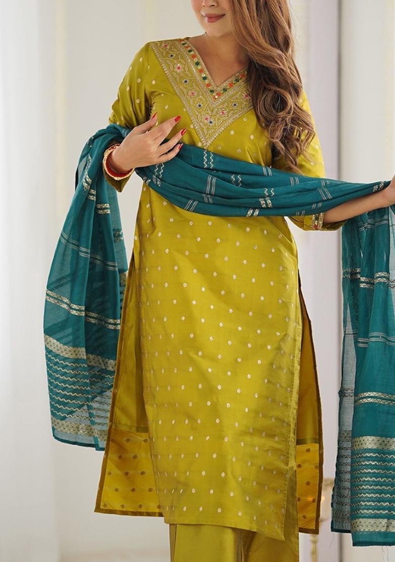 Yellow Woven Design Silk Kurta Set - Indya