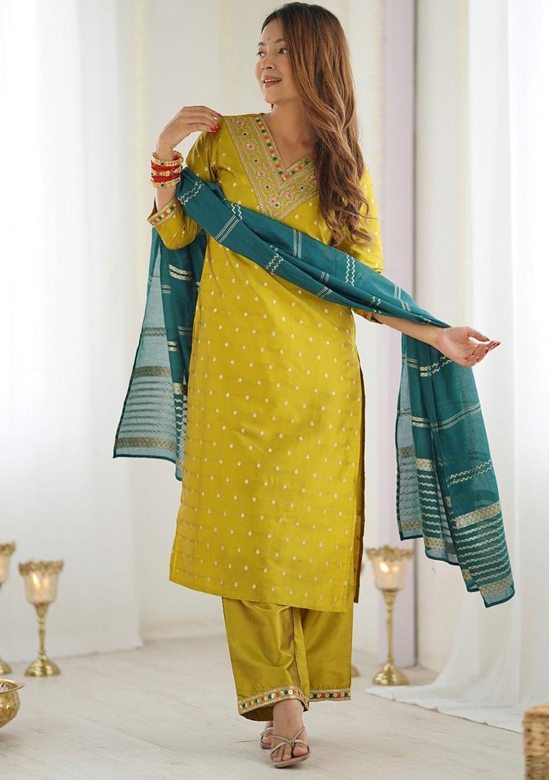 Yellow Woven Design Silk Kurta Set - Indya