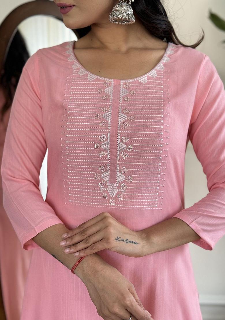 Pink Yoke Design Viscose Kurta Set - Indya