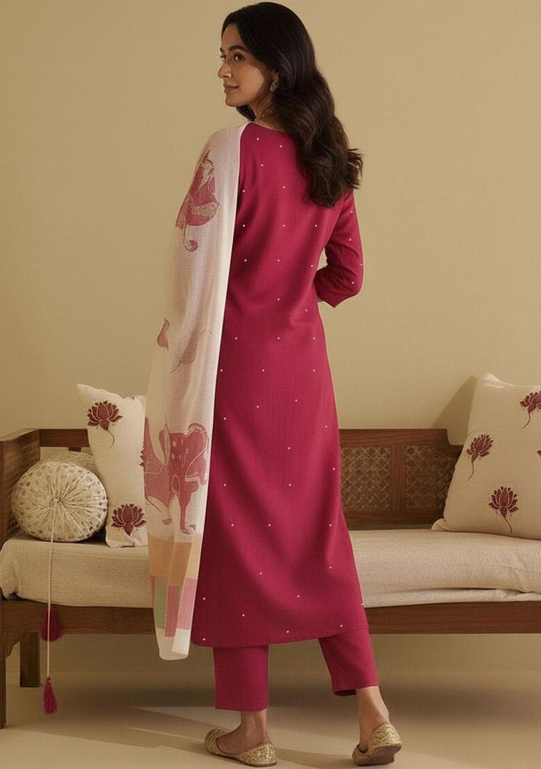 Maroon Solid Viscose Kurta Set - Indya