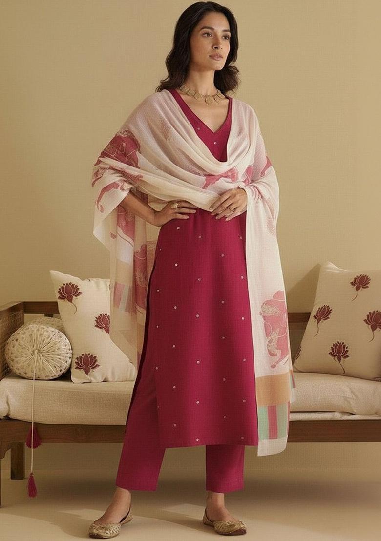 Maroon Solid Viscose Kurta Set - Indya