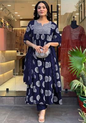 Navy Blue Printed Viscose Anarkali Set