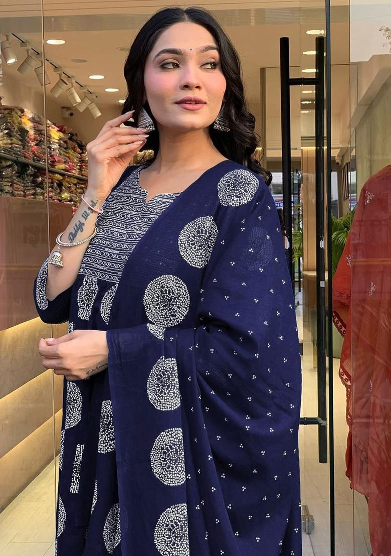 Navy Blue Printed Viscose Anarkali Set - Indya