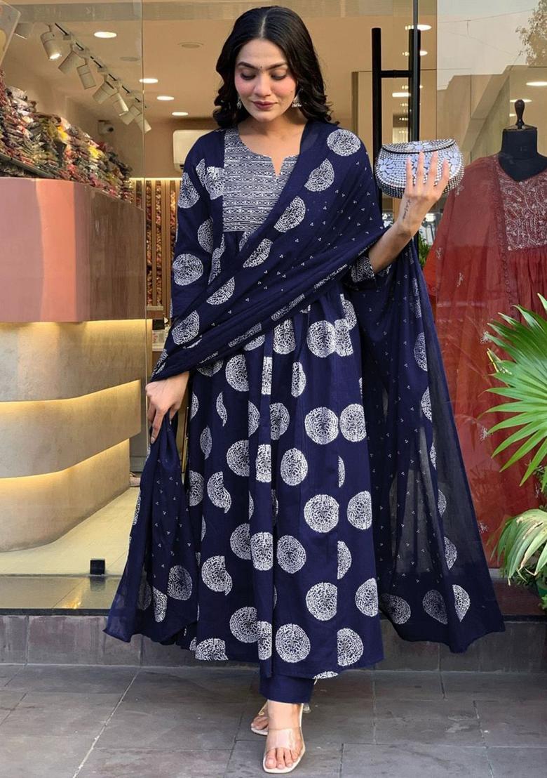 Navy Blue Printed Viscose Anarkali Set - Indya