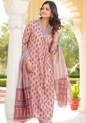 Peach Printed Viscose Kurta Set