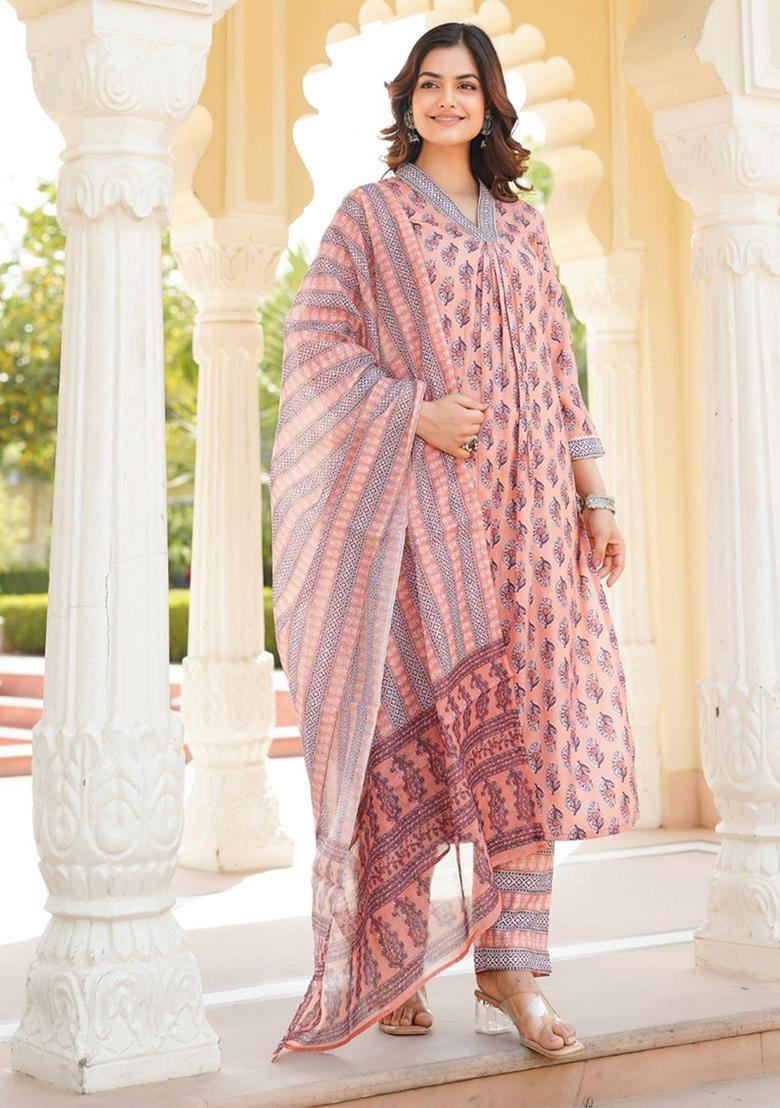 Peach Printed Viscose Kurta Set - Indya
