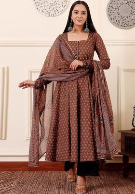 Brown Printed Viscose Kurta Set