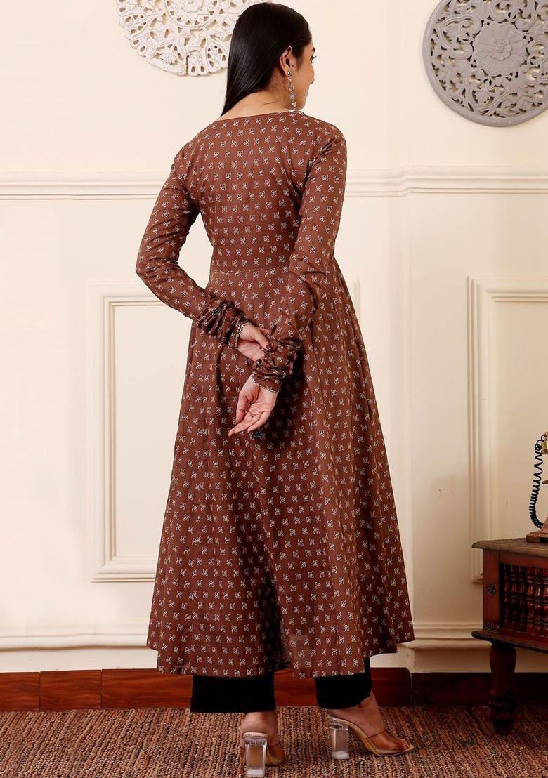 Brown Printed Viscose Kurta Set - Indya