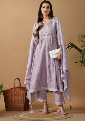 Lavender Embroidered Viscose Kurta Set