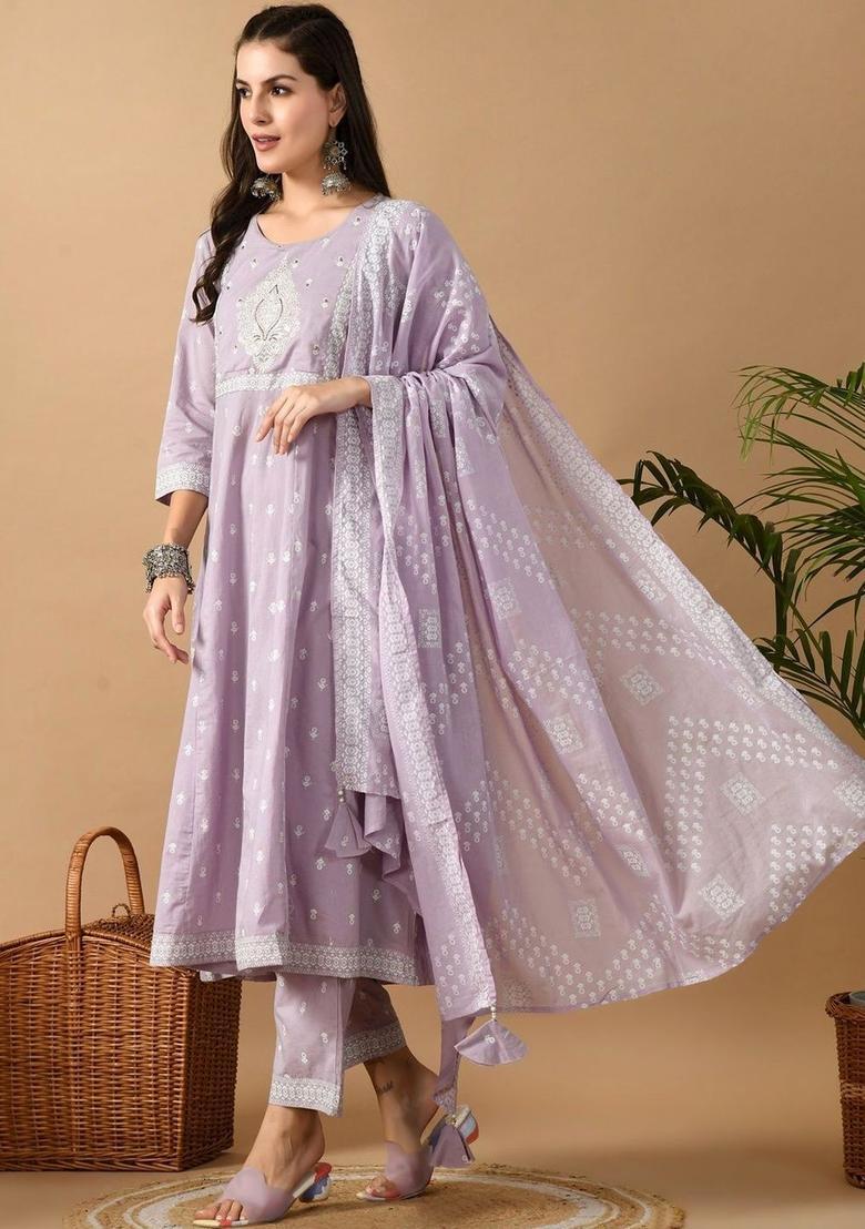 Lavender Embroidered Viscose Kurta Set - Indya