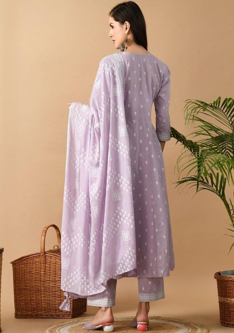 Lavender Embroidered Viscose Kurta Set - Indya