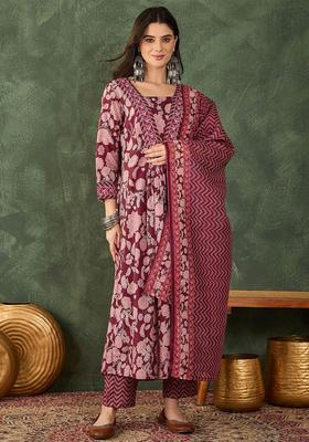 Purple Printed Viscose Anarkali Set