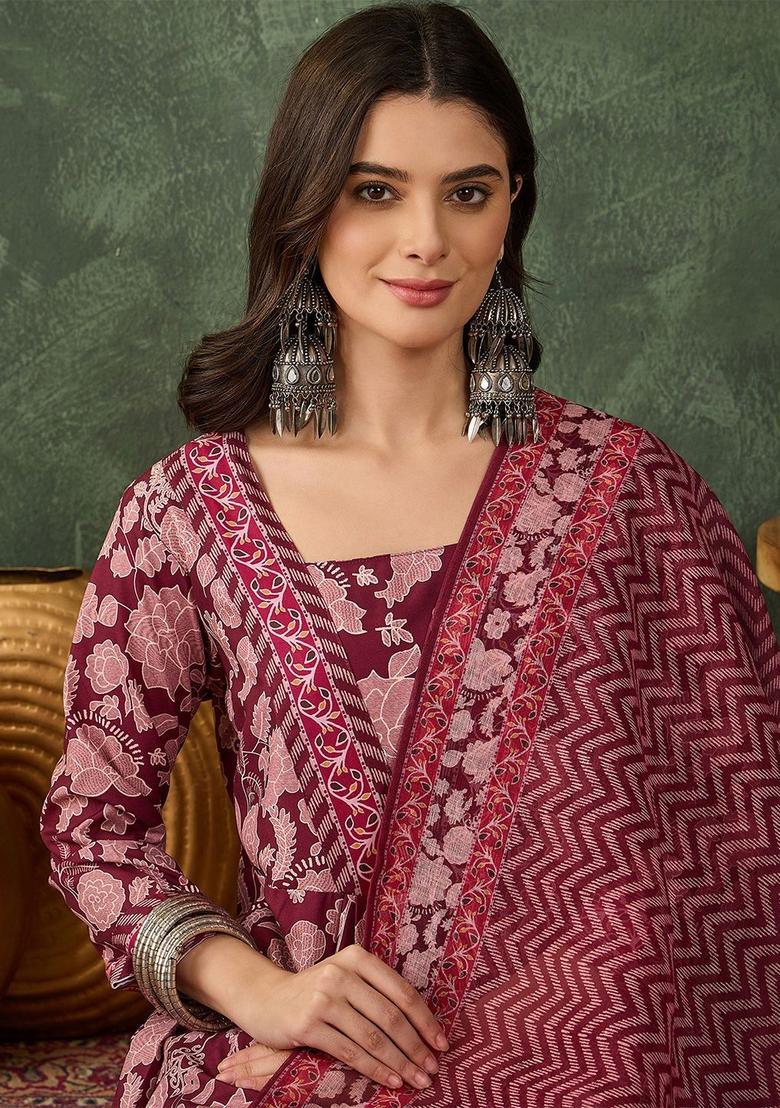 Purple Printed Viscose Anarkali Set - Indya