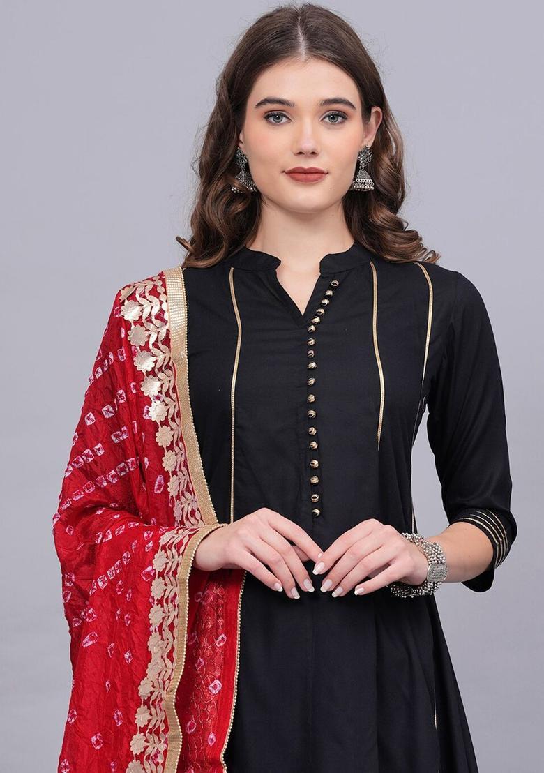 Black Solid Viscose Anarkali Set - Indya