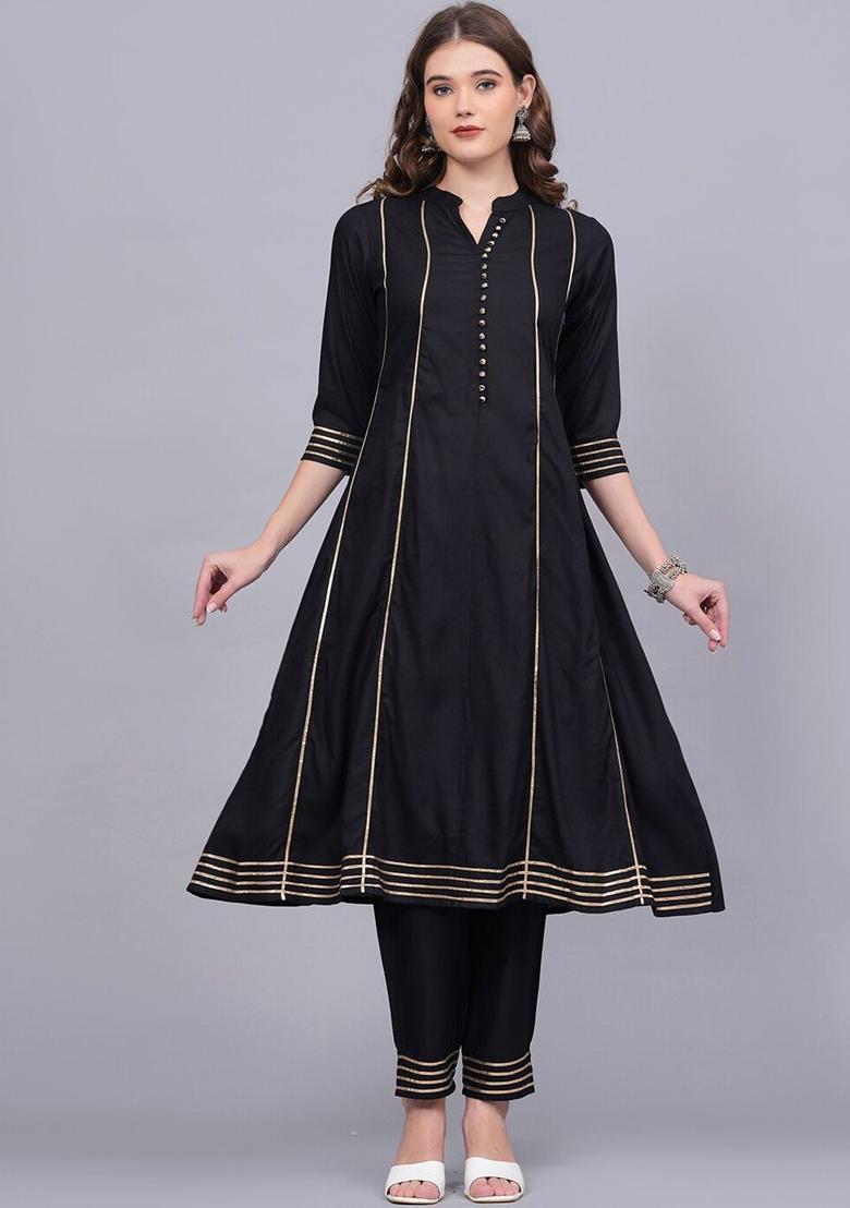 Black Solid Viscose Anarkali Set - Indya