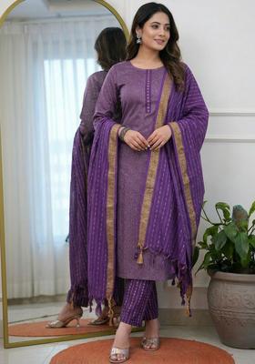 Purple Self Design Cotton Kurta Set