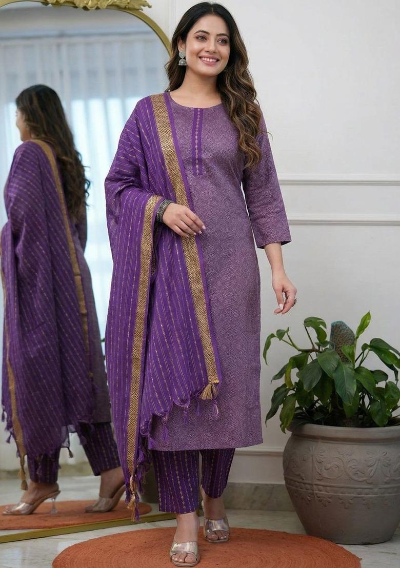 Purple Self Design Cotton Kurta Set - Indya