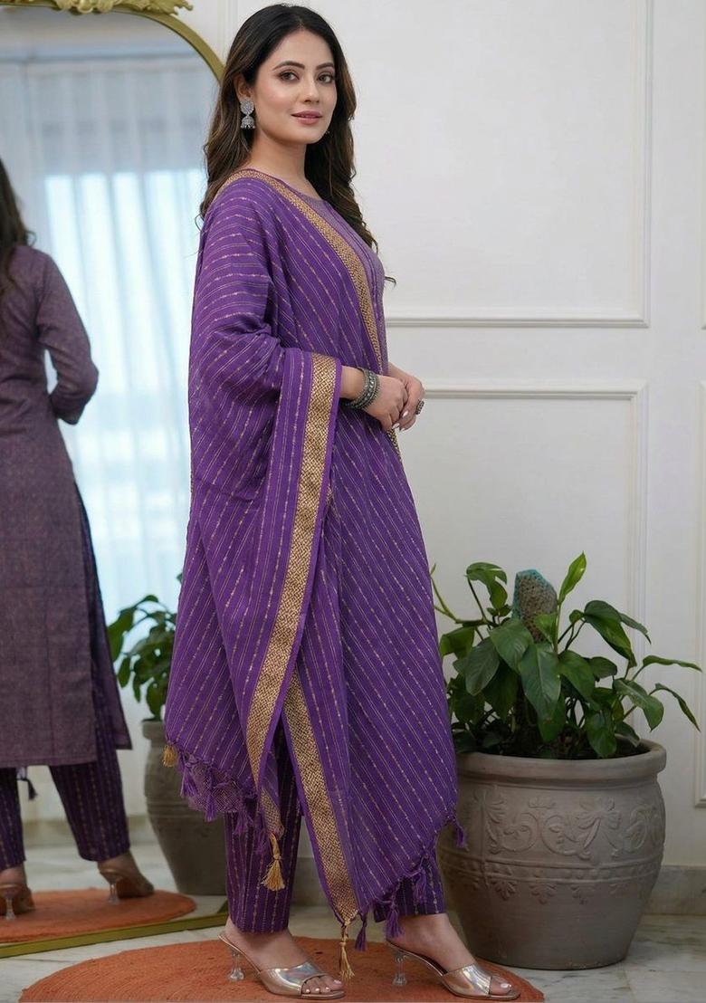Purple Self Design Cotton Kurta Set - Indya