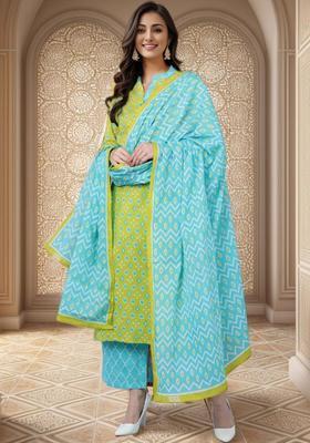 Lime Green Printed Cotton Kurta Set