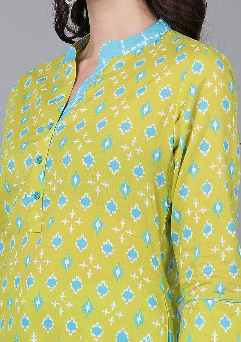 Lime Green Printed Cotton Kurta Set - Indya