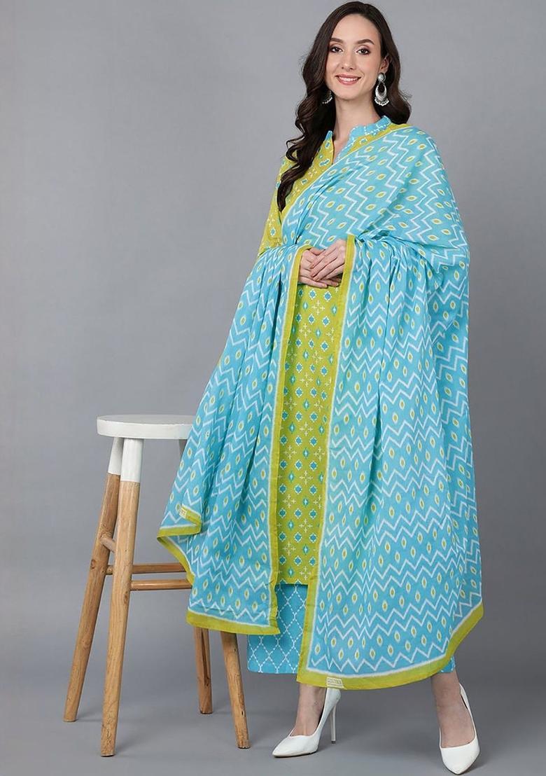 Lime Green Printed Cotton Kurta Set - Indya