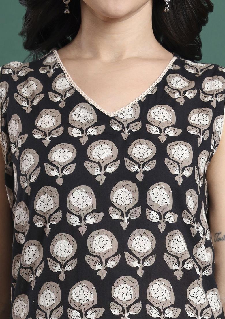 Black Printed Cotton Anarkali Set - Indya