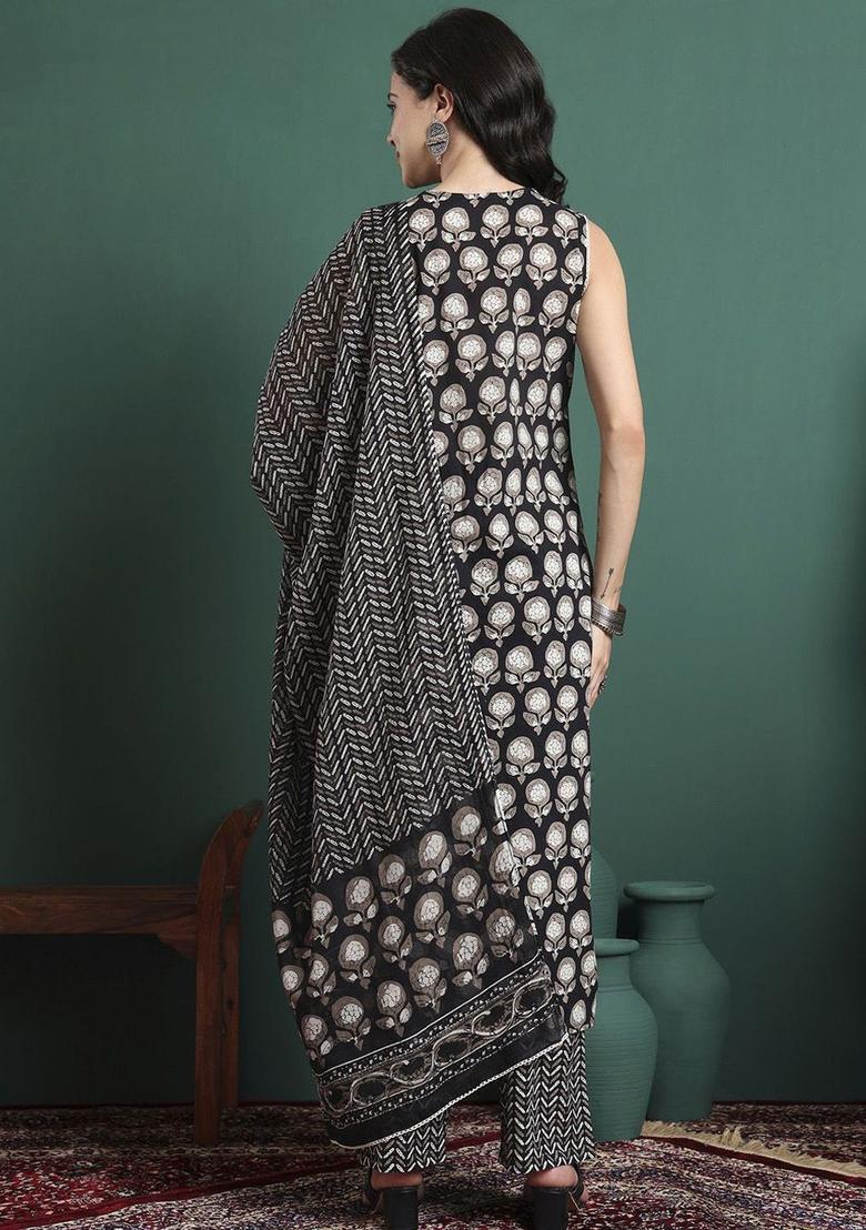 Black Printed Cotton Anarkali Set - Indya