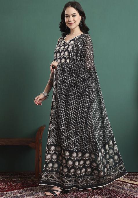 Black Printed Cotton Anarkali Set — view on Indya