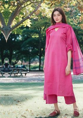 Pink Solid Viscose Kurta Set