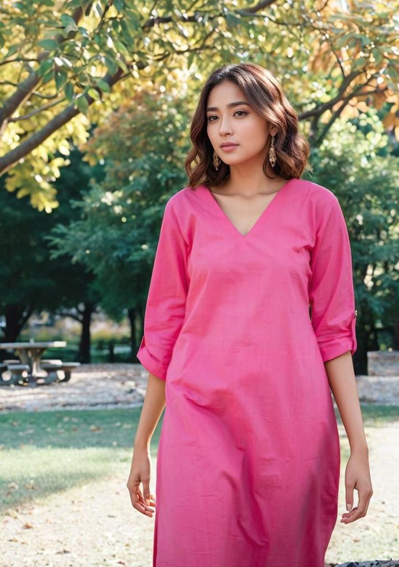 Pink Solid Viscose Kurta Set - Indya