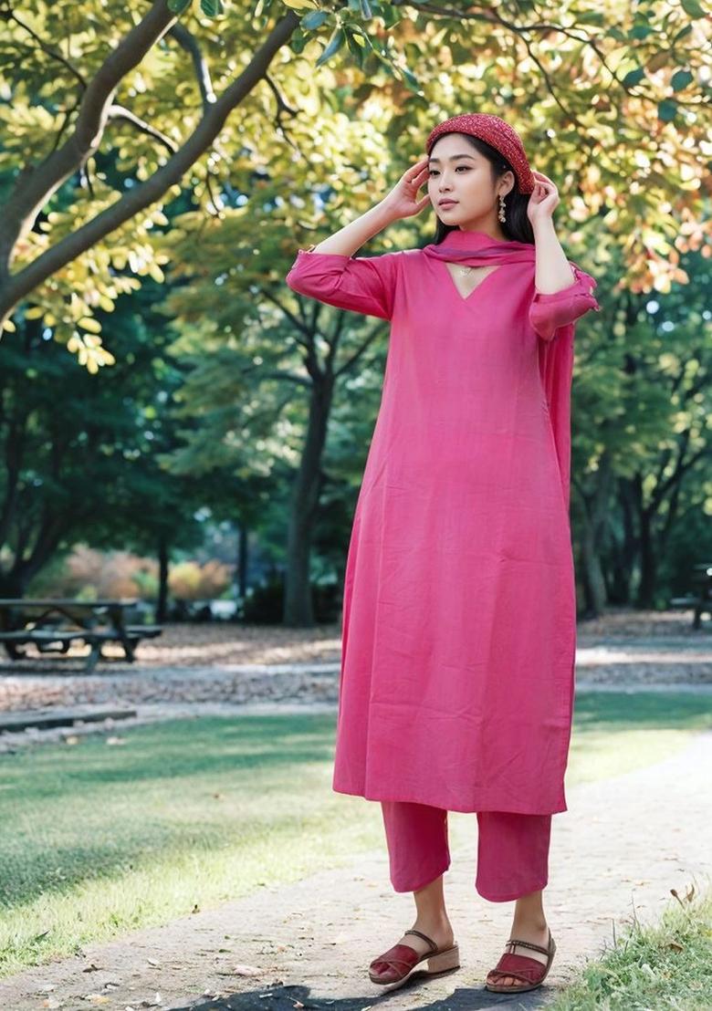 Pink Solid Viscose Kurta Set - Indya