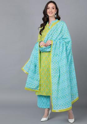 Lime Green Printed Cotton Kurta Set