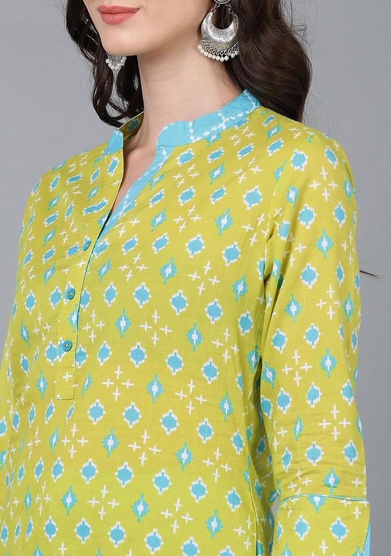 Lime Green Printed Cotton Kurta Set - Indya